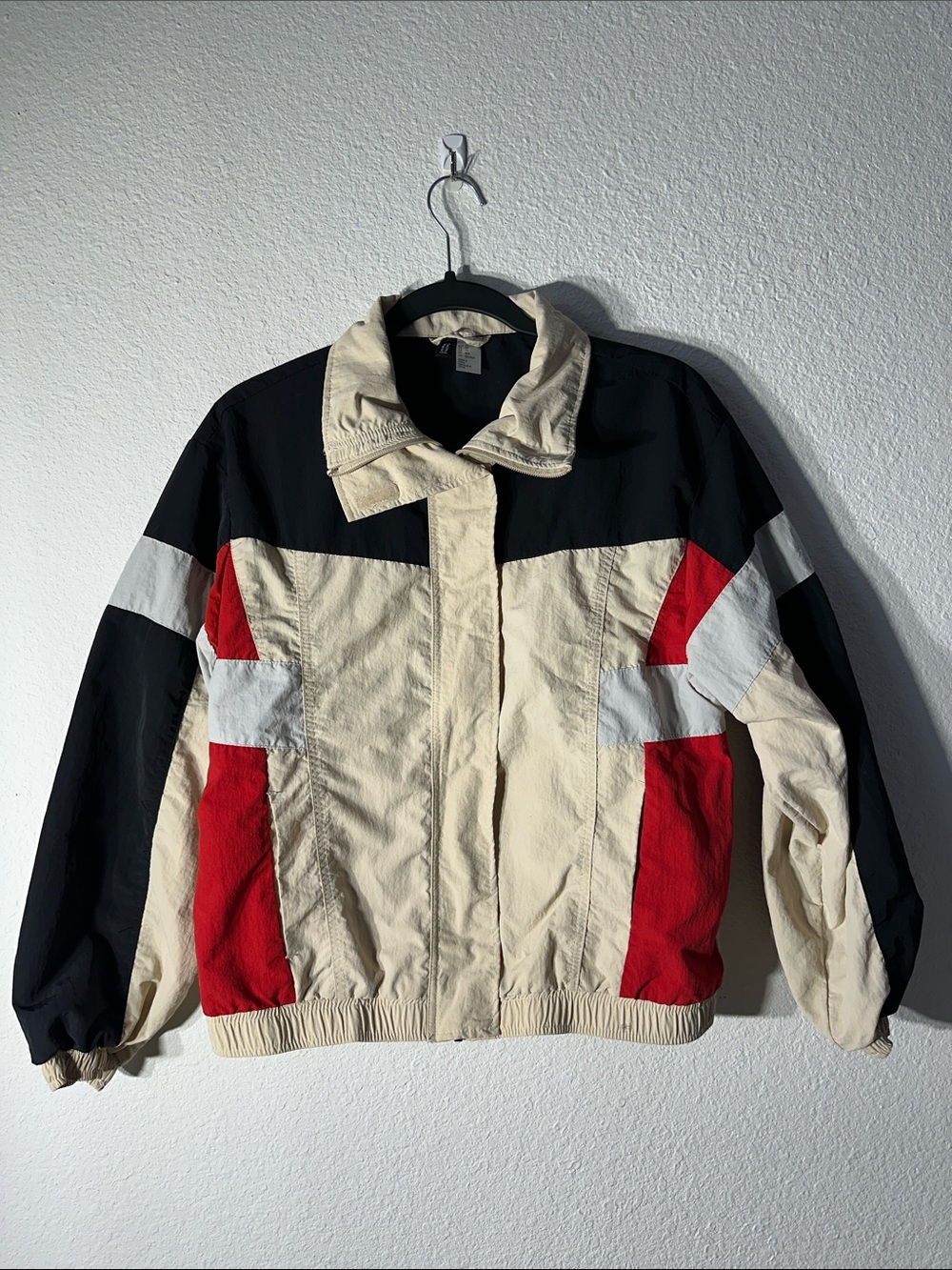 H&M Oversized Colorblock Bomber Jacket in Cream, Black & Red